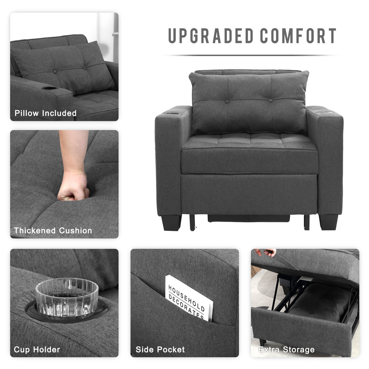 Latitude Run 36.6" Wide Convertible Chair 3-In-1 Pull Out Sleeper Futon Chair Beds with USB